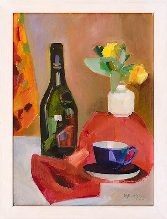 KÜLLIKE PILDEN "Natüürmort tassi ja saialilledega" 1993 (50x37 cm, õli, papp)