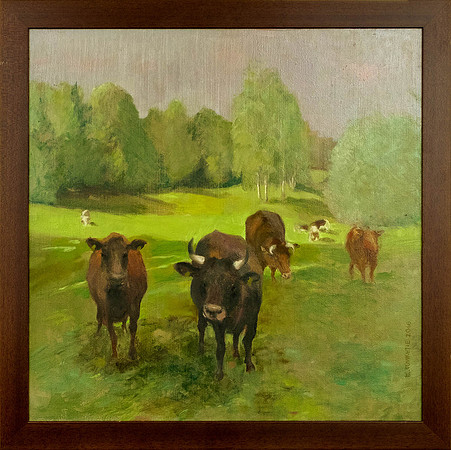 EVI TUVIKENE "Aimu talu lehmad" 2016 (55x55 cm, õli, papp)